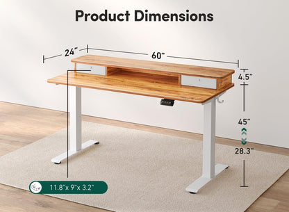 60 X 24 Inch Height Adjustable Electric Standing Desk with Double Drawer, Stand up Desk with Storage Shelf, Sit Stand Desk, Light Rustic