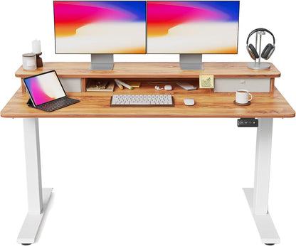 60 X 24 Inch Height Adjustable Electric Standing Desk with Double Drawer, Stand up Desk with Storage Shelf, Sit Stand Desk, Light Rustic