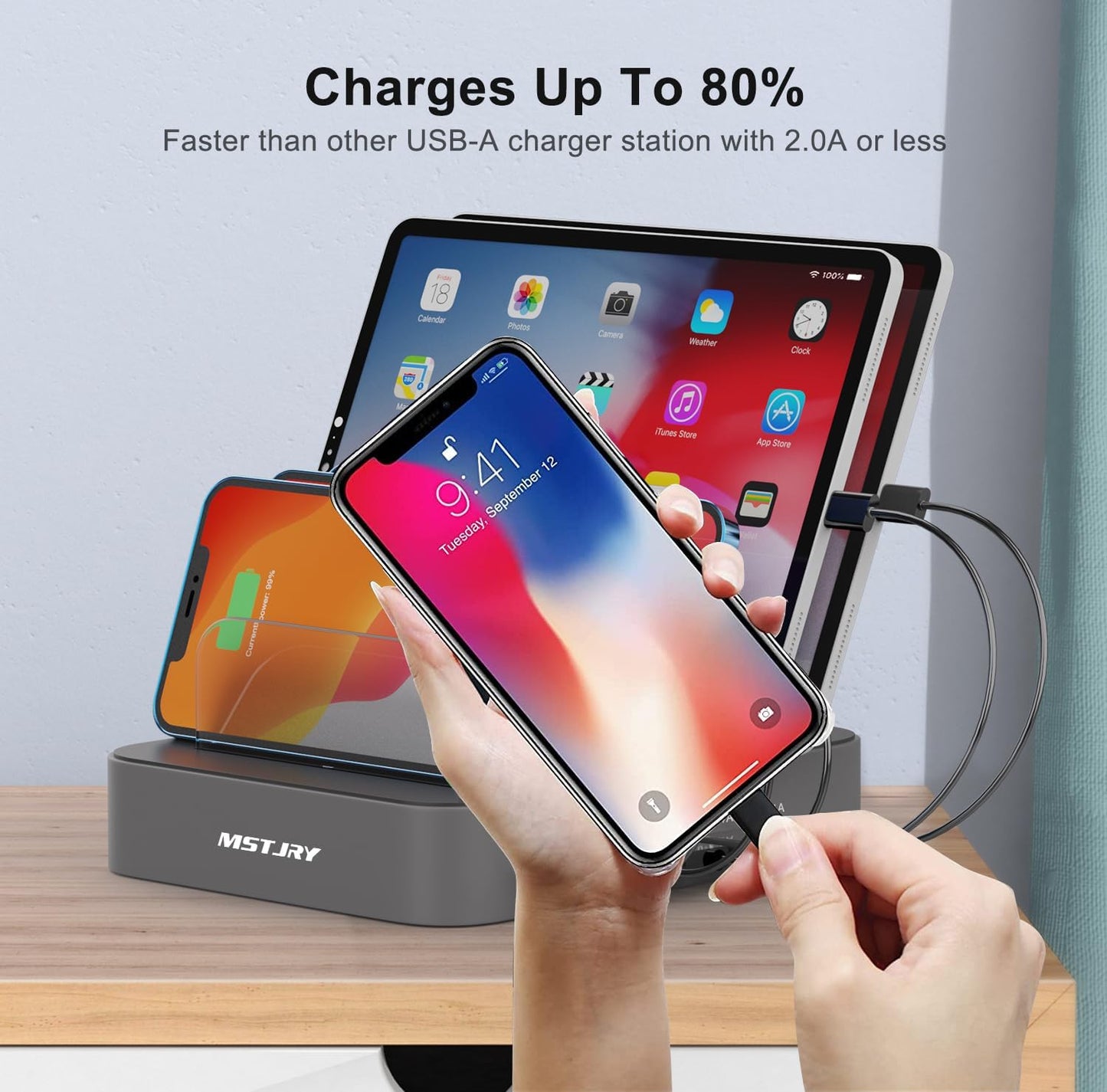 Charging Station for Multiple Devices,  5 Port Multi USB-A Charger Station with Power Switch Designed for Iphone Ipad Cell Phone Tablets (Gray, 7 Mixed Short Cables Included)