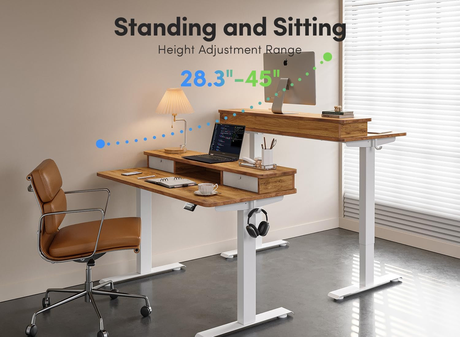 60 X 24 Inch Height Adjustable Electric Standing Desk with Double Drawer, Stand up Desk with Storage Shelf, Sit Stand Desk, Light Rustic