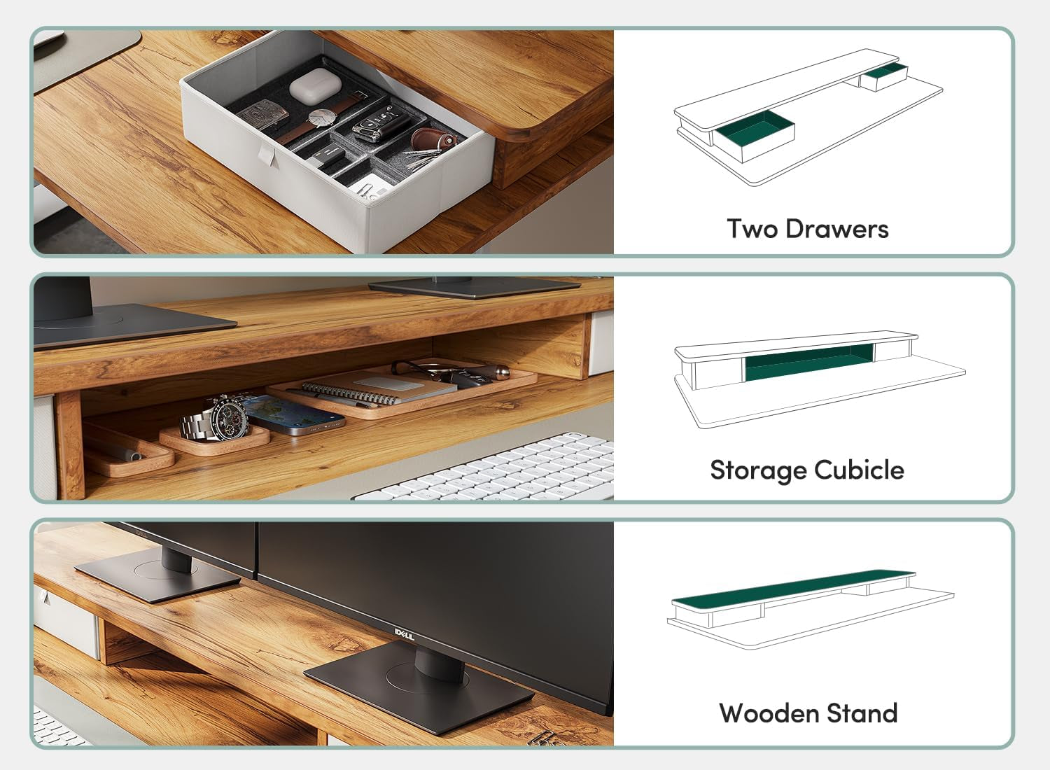 60 X 24 Inch Height Adjustable Electric Standing Desk with Double Drawer, Stand up Desk with Storage Shelf, Sit Stand Desk, Light Rustic