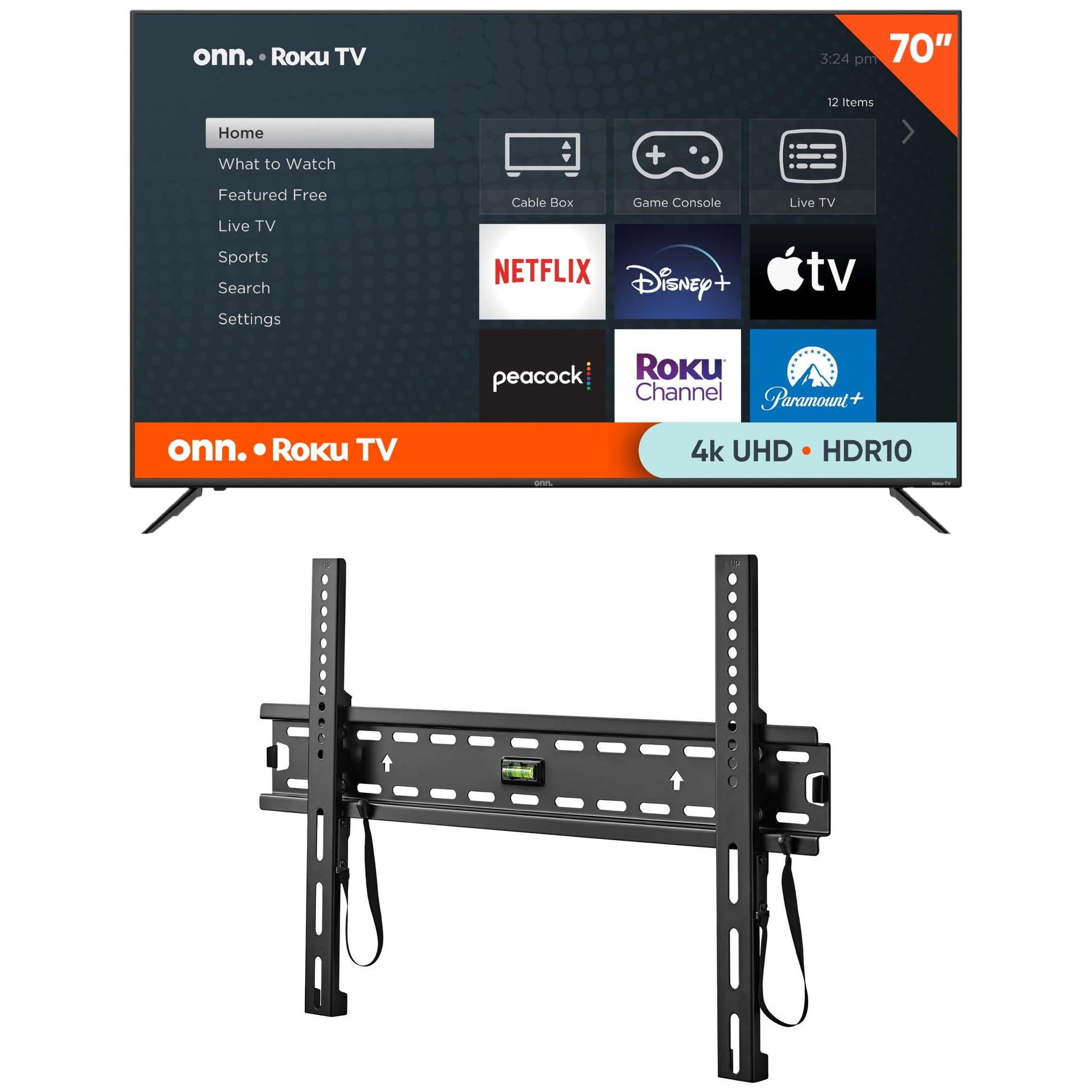 70” Class 4K UHD (2160P) LED Roku Smart Television HDR (100012588) and  Fixed TV Wall Mount for 32" to 86" Tvs, Holds up to 120 Lbs